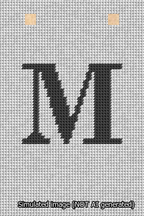 A simulated image of the stitched needlepoint design: Banner 13m Squared M Black on White. Not A.I. generated.