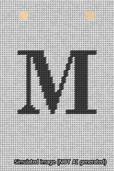A simulated image of the stitched needlepoint design: Banner 13m Squared M Black on White. Not A.I. generated.
