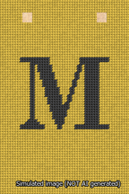 A simulated image of the stitched needlepoint design: Banner 13m Squared M Black on Yellow. Not A.I. generated.