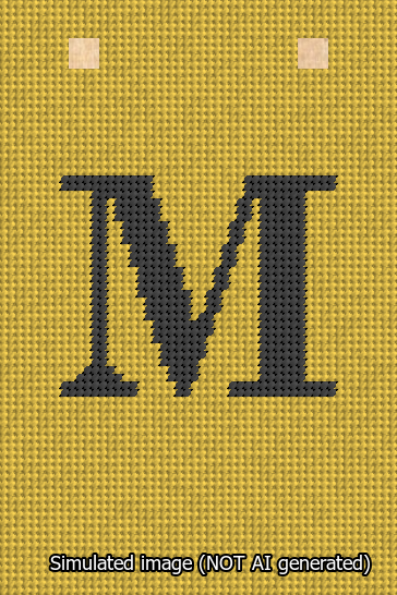 A simulated image of the stitched needlepoint design: Banner 13m Squared M Black on Yellow. Not A.I. generated.