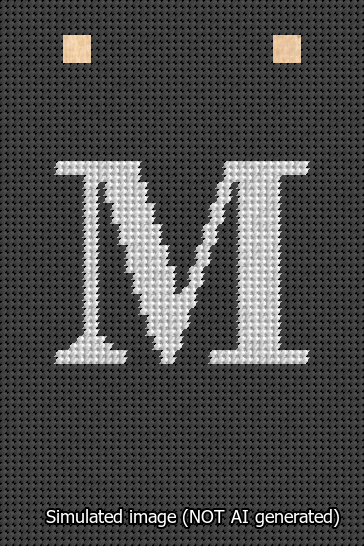 A simulated image of the stitched needlepoint design: Banner 13m Squared M White on Black. Not A.I. generated.