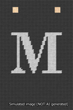 A simulated image of the stitched needlepoint design: Banner 13m Squared M White on Black. Not A.I. generated.