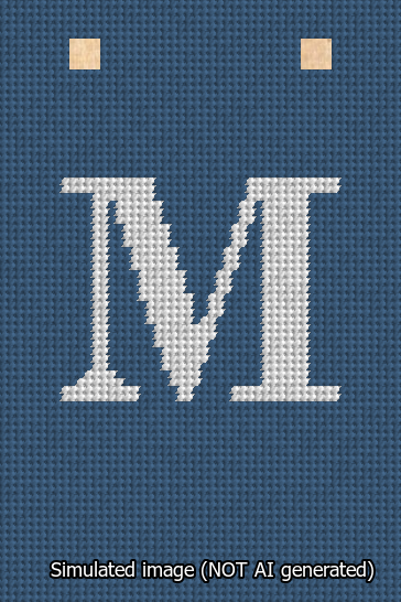 A simulated image of the stitched needlepoint design: Banner 13m Squared M White on Blue. Not A.I. generated.
