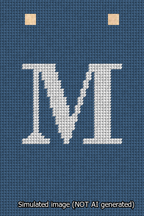 A simulated image of the stitched needlepoint design: Banner 13m Squared M White on Blue. Not A.I. generated.