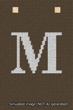 A simulated image of the stitched needlepoint design: Banner 13m Squared M White on Brown. Not A.I. generated.