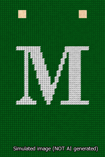A simulated image of the stitched needlepoint design: Banner 13m Squared M White on Green. Not A.I. generated.