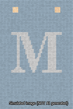 A simulated image of the stitched needlepoint design: Banner 13m Squared M White on Light Blue. Not A.I. generated.