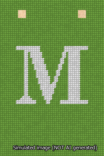 A simulated image of the stitched needlepoint design: Banner 13m Squared M White on Light Green. Not A.I. generated.