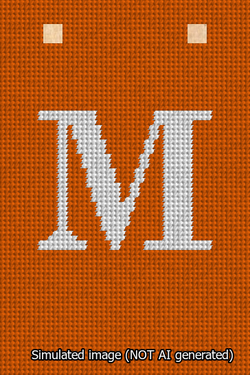 A simulated image of the stitched needlepoint design: Banner 13m Squared M White on Orange. Not A.I. generated.