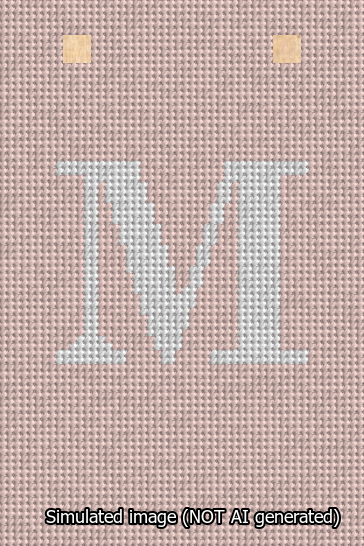 A simulated image of the stitched needlepoint design: Banner 13m Squared M White on Pink. Not A.I. generated.