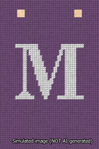 A simulated image of the stitched needlepoint design: Banner 13m Squared M White on Purple. Not A.I. generated.