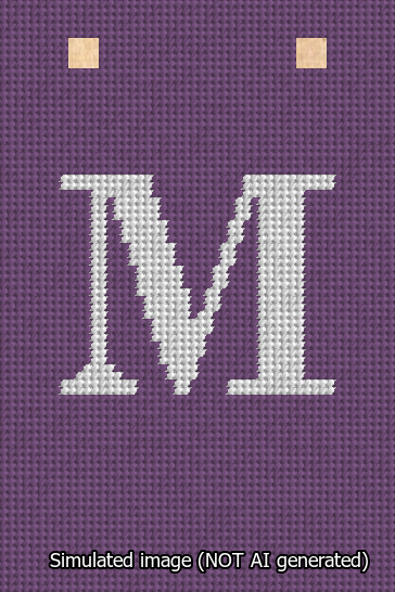 A simulated image of the stitched needlepoint design: Banner 13m Squared M White on Purple. Not A.I. generated.