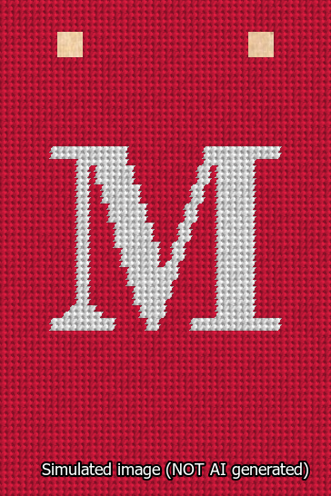 A simulated image of the stitched needlepoint design: Banner 13m Squared M White on Red. Not A.I. generated.