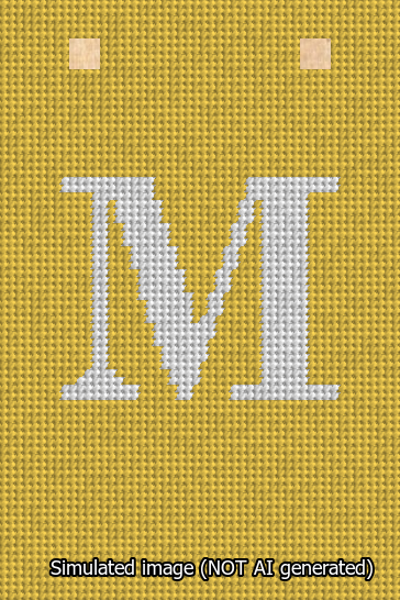 A simulated image of the stitched needlepoint design: Banner 13m Squared M White on Yellow. Not A.I. generated.