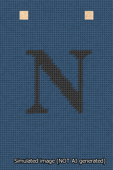 A simulated image of the stitched needlepoint design: Banner 13m Squared N Black on Blue. Not A.I. generated.