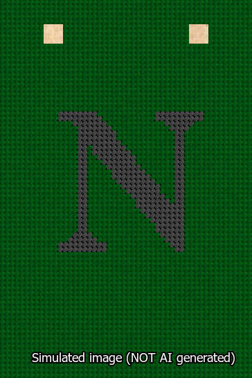 A simulated image of the stitched needlepoint design: Banner 13m Squared N Black on Green. Not A.I. generated.