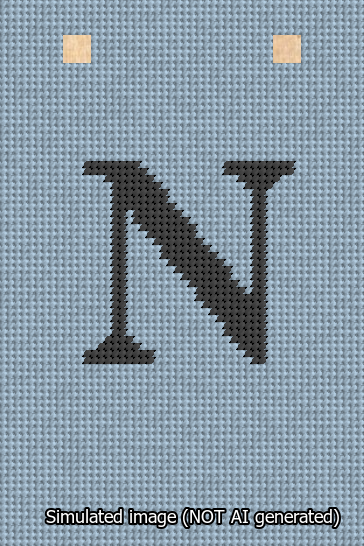 A simulated image of the stitched needlepoint design: Banner 13m Squared N Black on Light Blue. Not A.I. generated.