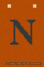 A simulated image of the stitched needlepoint design: Banner 13m Squared N Black on Orange. Not A.I. generated.