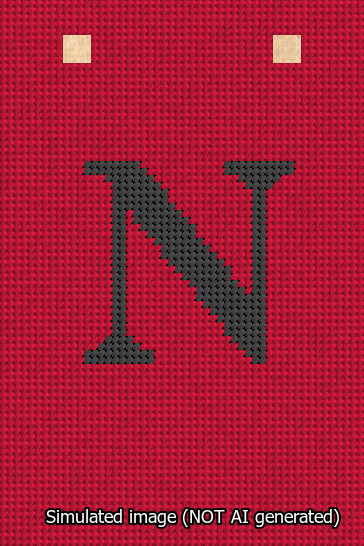 A simulated image of the stitched needlepoint design: Banner 13m Squared N Black on Red. Not A.I. generated.