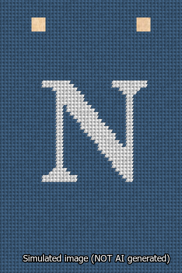 A simulated image of the stitched needlepoint design: Banner 13m Squared N White on Blue. Not A.I. generated.