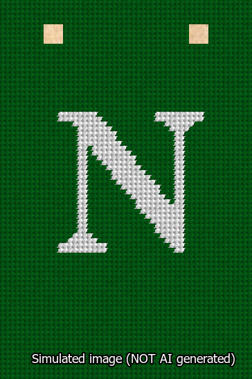 A simulated image of the stitched needlepoint design: Banner 13m Squared N White on Green. Not A.I. generated.