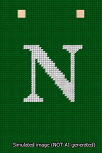 A simulated image of the stitched needlepoint design: Banner 13m Squared N White on Green. Not A.I. generated.