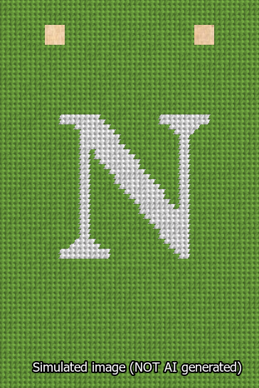 A simulated image of the stitched needlepoint design: Banner 13m Squared N White on Light Green. Not A.I. generated.