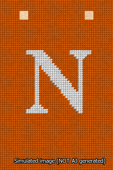 A simulated image of the stitched needlepoint design: Banner 13m Squared N White on Orange. Not A.I. generated.