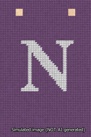 A simulated image of the stitched needlepoint design: Banner 13m Squared N White on Purple. Not A.I. generated.