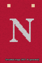 A simulated image of the stitched needlepoint design: Banner 13m Squared N White on Red. Not A.I. generated.