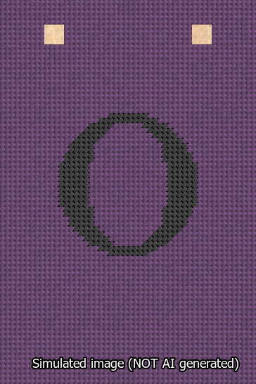 A simulated image of the stitched needlepoint design: Banner 13m Squared O Black on Purple. Not A.I. generated.