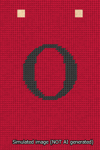 A simulated image of the stitched needlepoint design: Banner 13m Squared O Black on Red. Not A.I. generated.