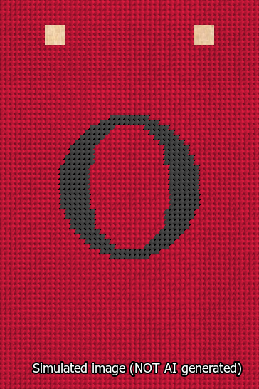 A simulated image of the stitched needlepoint design: Banner 13m Squared O Black on Red. Not A.I. generated.