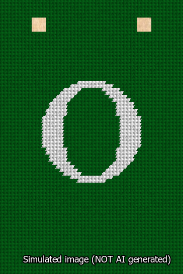 A simulated image of the stitched needlepoint design: Banner 13m Squared O White on Green. Not A.I. generated.