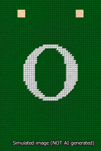 A simulated image of the stitched needlepoint design: Banner 13m Squared O White on Green. Not A.I. generated.
