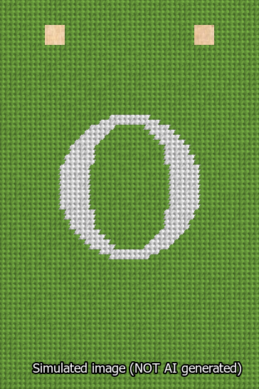A simulated image of the stitched needlepoint design: Banner 13m Squared O White on Light Green. Not A.I. generated.