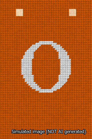 A simulated image of the stitched needlepoint design: Banner 13m Squared O White on Orange. Not A.I. generated.