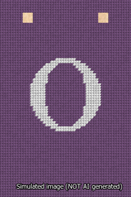 A simulated image of the stitched needlepoint design: Banner 13m Squared O White on Purple. Not A.I. generated.