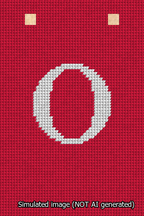 A simulated image of the stitched needlepoint design: Banner 13m Squared O White on Red. Not A.I. generated.