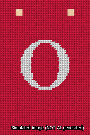 A simulated image of the stitched needlepoint design: Banner 13m Squared O White on Red. Not A.I. generated.