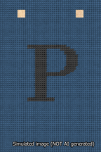 A simulated image of the stitched needlepoint design: Banner 13m Squared P Black on Blue. Not A.I. generated.