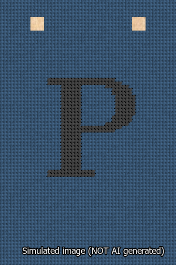 A simulated image of the stitched needlepoint design: Banner 13m Squared P Black on Blue. Not A.I. generated.