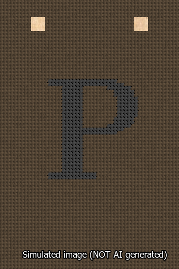 A simulated image of the stitched needlepoint design: Banner 13m Squared P Black on Brown. Not A.I. generated.