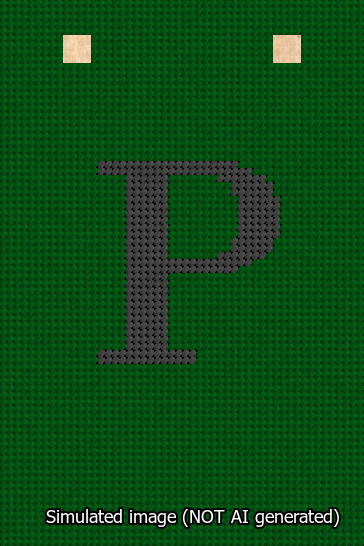 A simulated image of the stitched needlepoint design: Banner 13m Squared P Black on Green. Not A.I. generated.