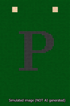 A simulated image of the stitched needlepoint design: Banner 13m Squared P Black on Green. Not A.I. generated.