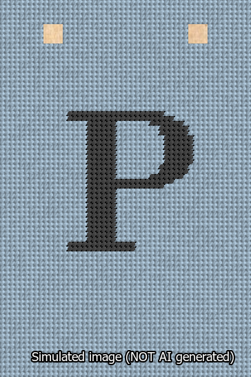A simulated image of the stitched needlepoint design: Banner 13m Squared P Black on Light Blue. Not A.I. generated.