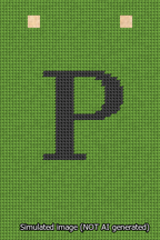 A simulated image of the stitched needlepoint design: Banner 13m Squared P Black on Light Green. Not A.I. generated.