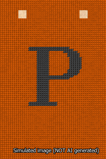 A simulated image of the stitched needlepoint design: Banner 13m Squared P Black on Orange. Not A.I. generated.