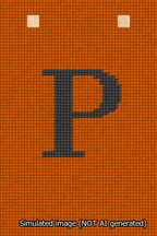 A simulated image of the stitched needlepoint design: Banner 13m Squared P Black on Orange. Not A.I. generated.