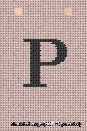 A simulated image of the stitched needlepoint design: Banner 13m Squared P Black on Pink. Not A.I. generated.